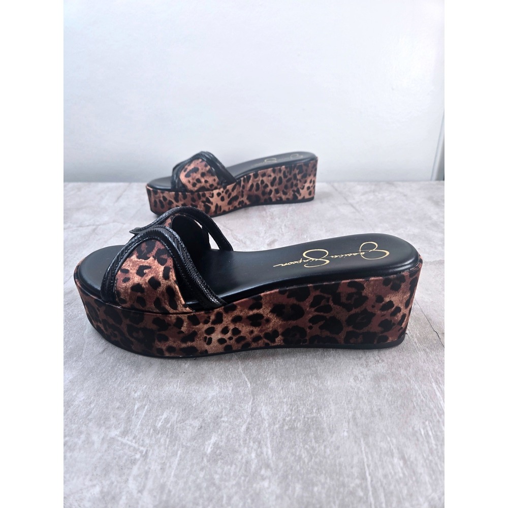 Jessica Simpson Platform Sandals 7.5 Brown Satin Leopard Print Y2k Wedge Slides